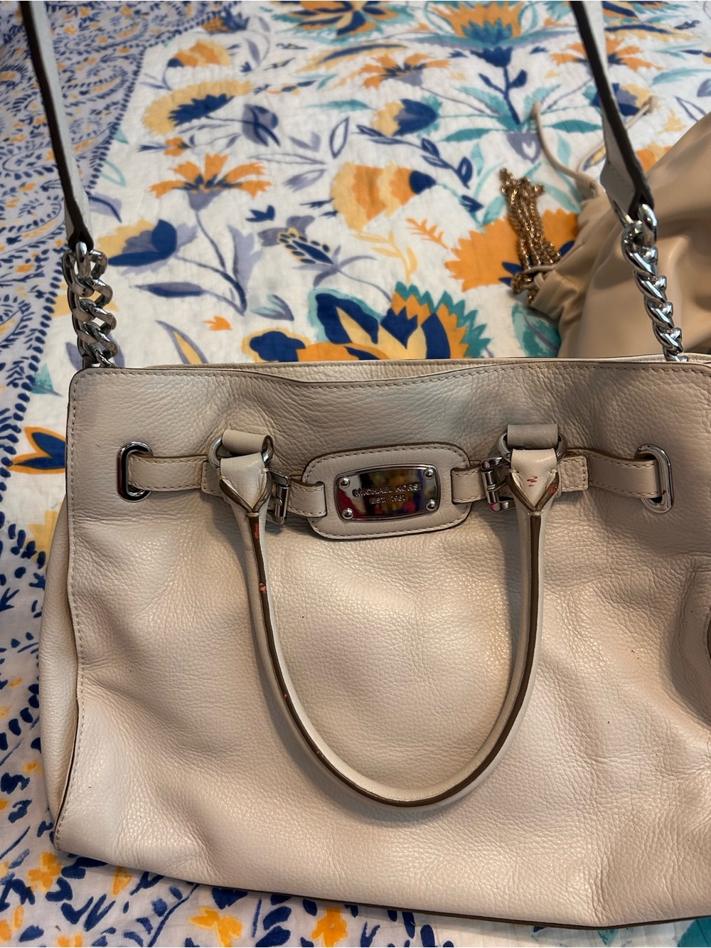 Michael Kors Cream Pebbled Leather Tote with Silver Hardware